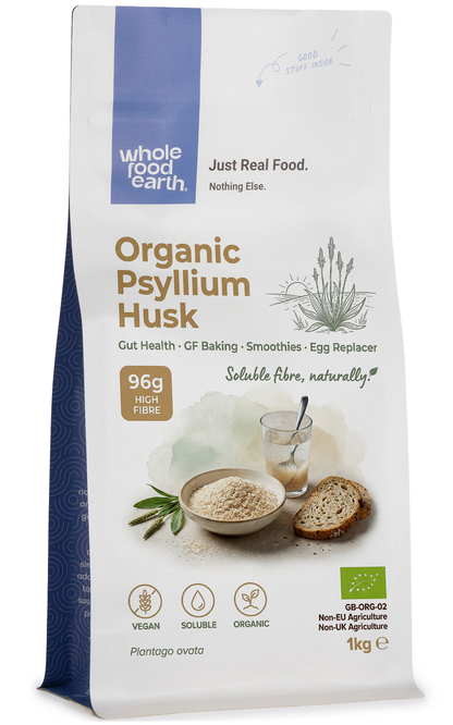 Organic Psyllium Husk from Whole Food Earth, showing a close-up of the brown, fibrous powder in a clear container.