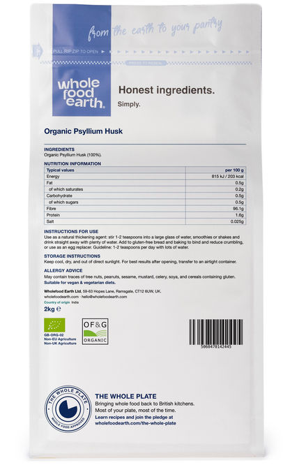 Organic Psyllium Husk from Whole Food Earth, specialty dietary supplement, showing the product packaging and label.