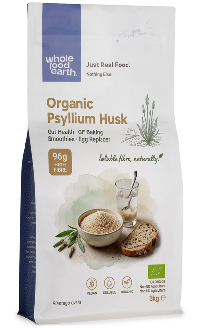 Organic Psyllium Husk from Whole Food Earth, a natural specialty supplement with fine, light-colored husks shown in the image.