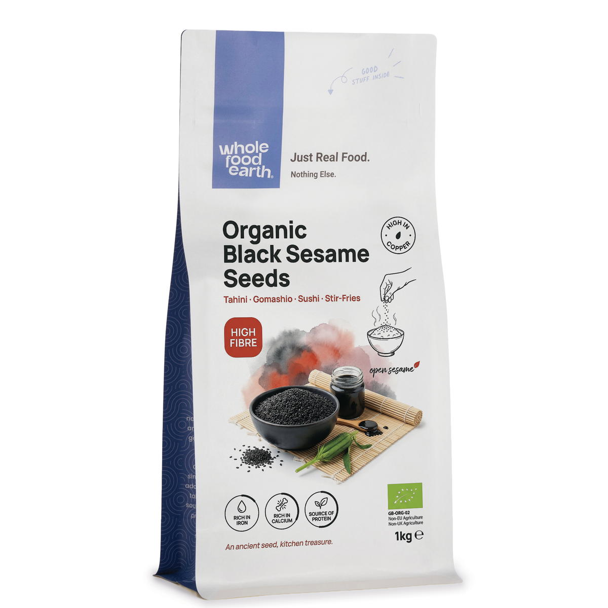 Organic black sesame seeds from Whole Food Earth, close-up of small, black seeds in a transparent container.