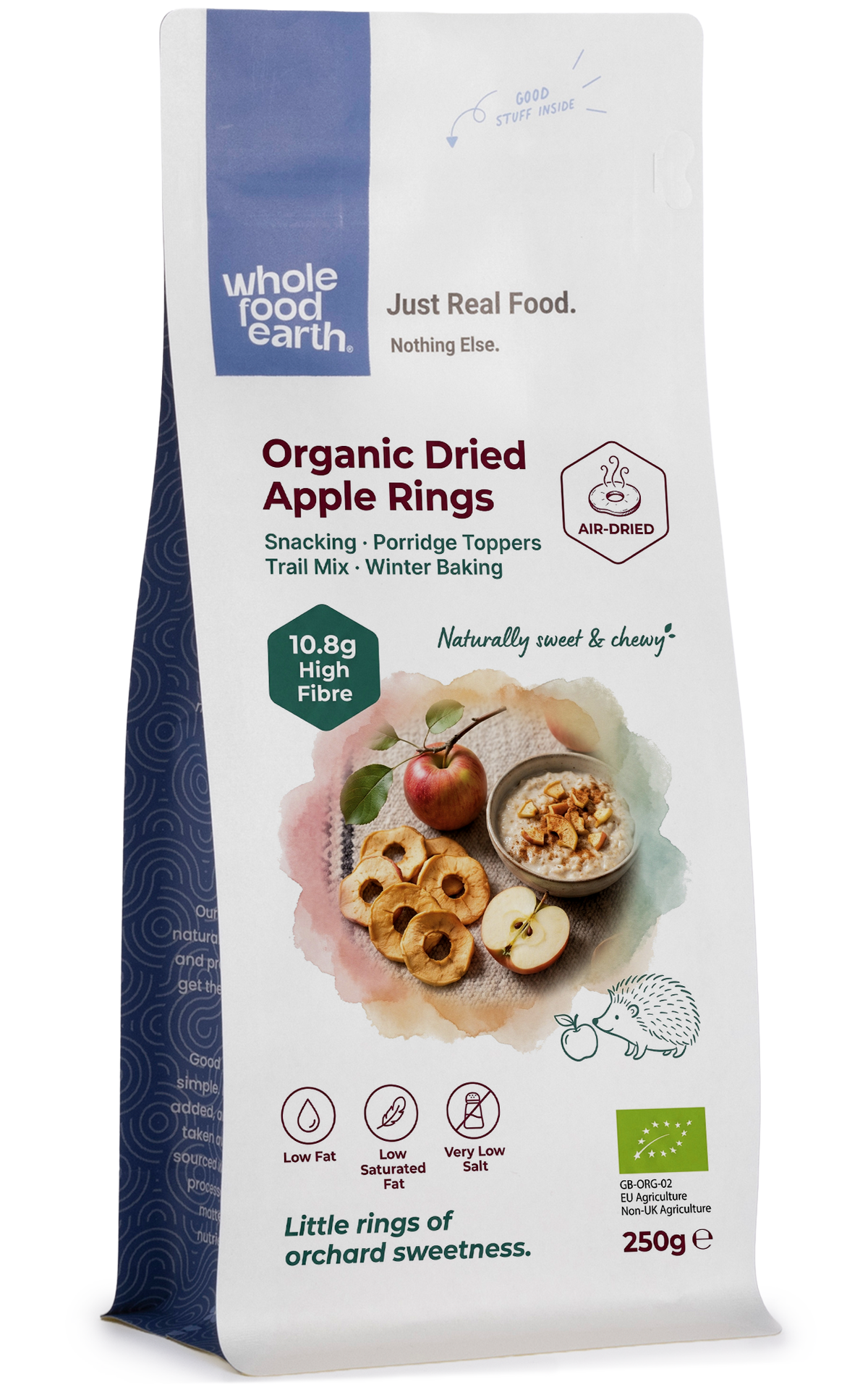 Organic dried apple rings from Whole Food Earth, a natural dried fruit snack with crispy, golden apple slices.