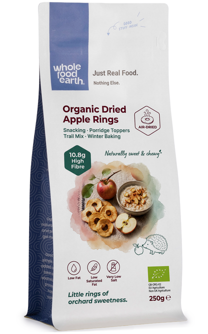 Organic dried apple rings from Whole Food Earth, a natural dried fruit snack with crispy, golden apple slices.