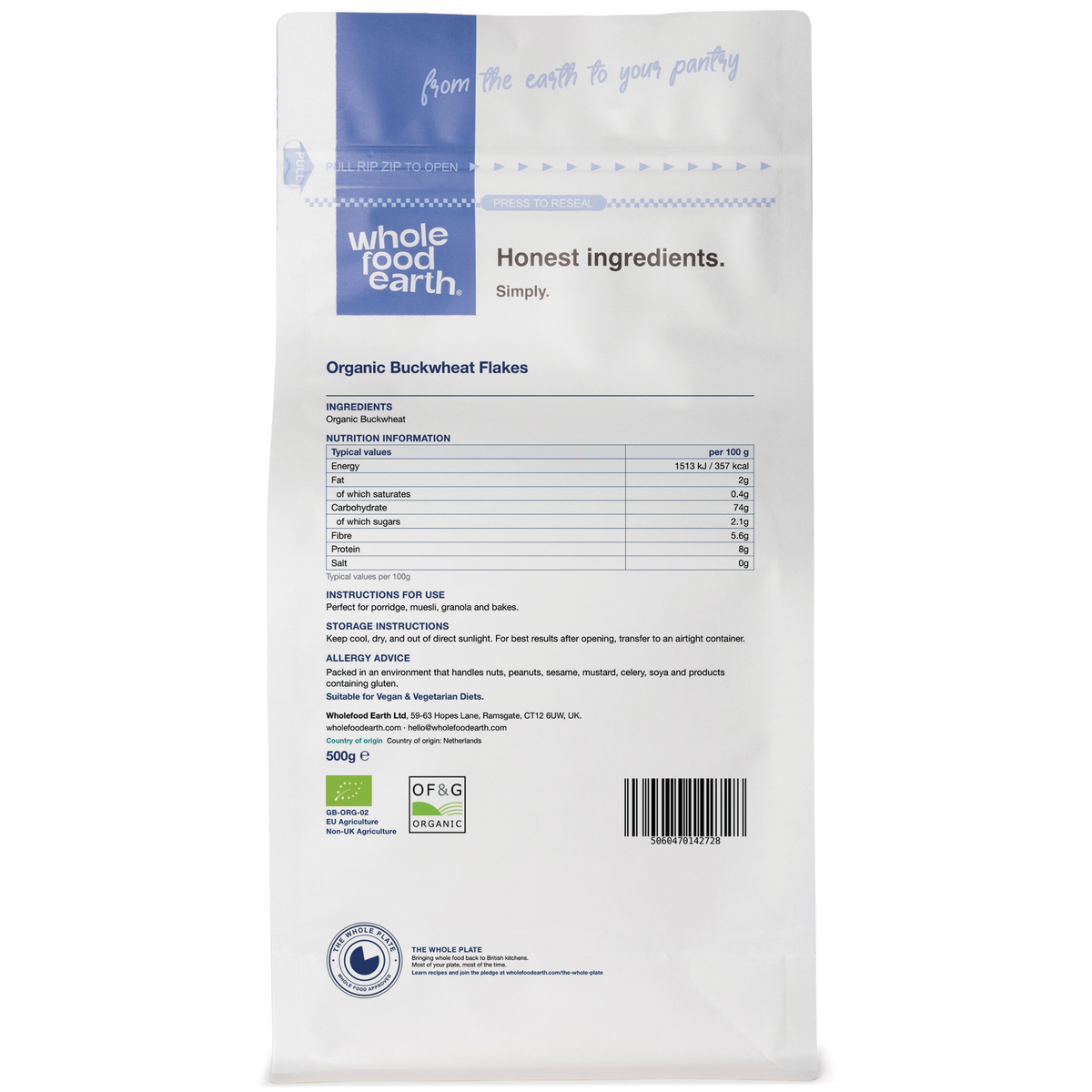 Organic Buckwheat Flakes cereal from Whole Food Earth shown from the back, highlighting the packaging and product details.