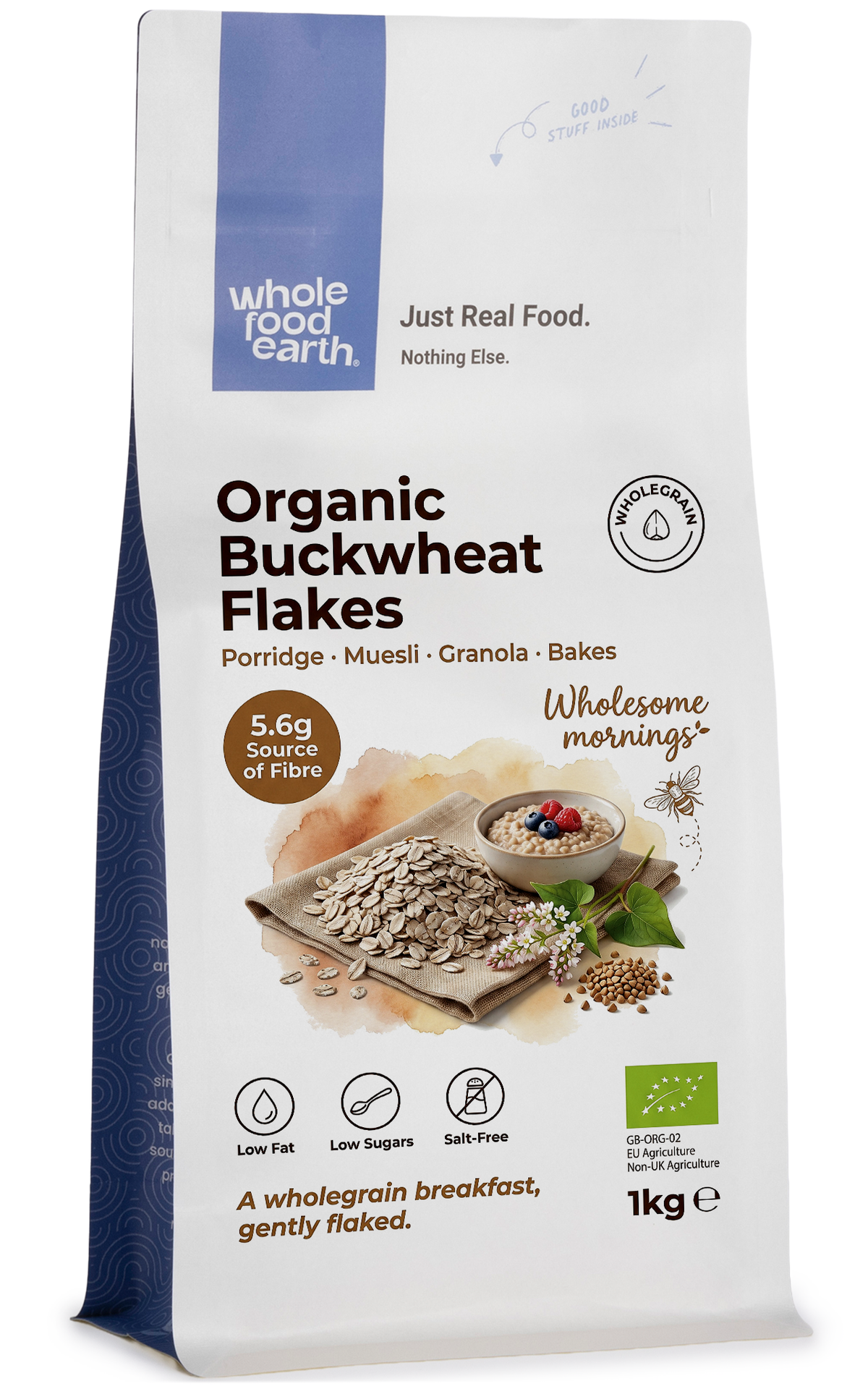 Organic Buckwheat Flakes cereal from Whole Food Earth, close-up of golden toasted flakes in a bowl.