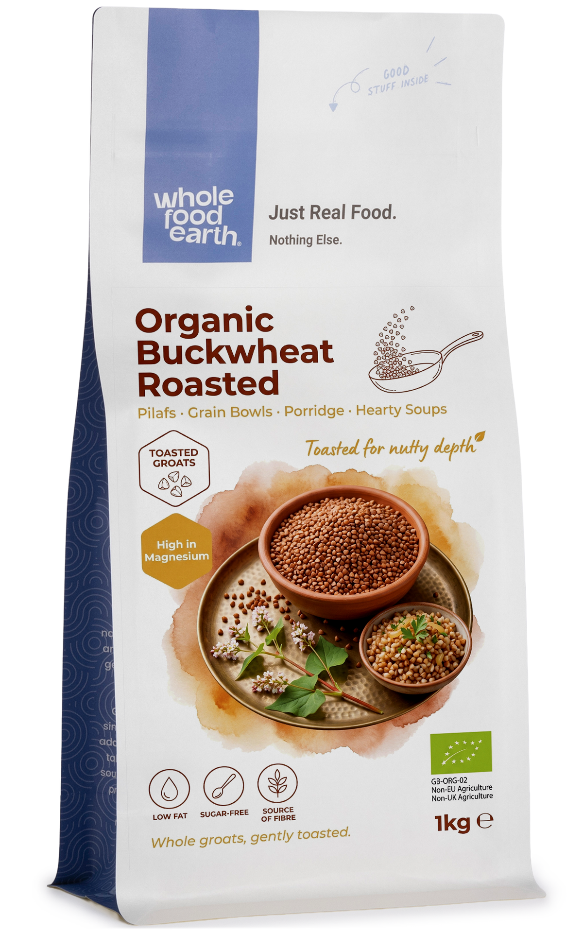 Organic roasted buckwheat grains from Whole Food Earth, showcasing golden, toasted buckwheat in a natural setting.