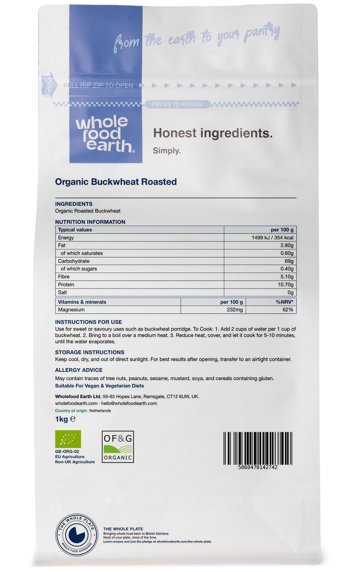 Organic roasted buckwheat grains in a clear bag, showing the light brown, toasted grains from Whole Food Earth.