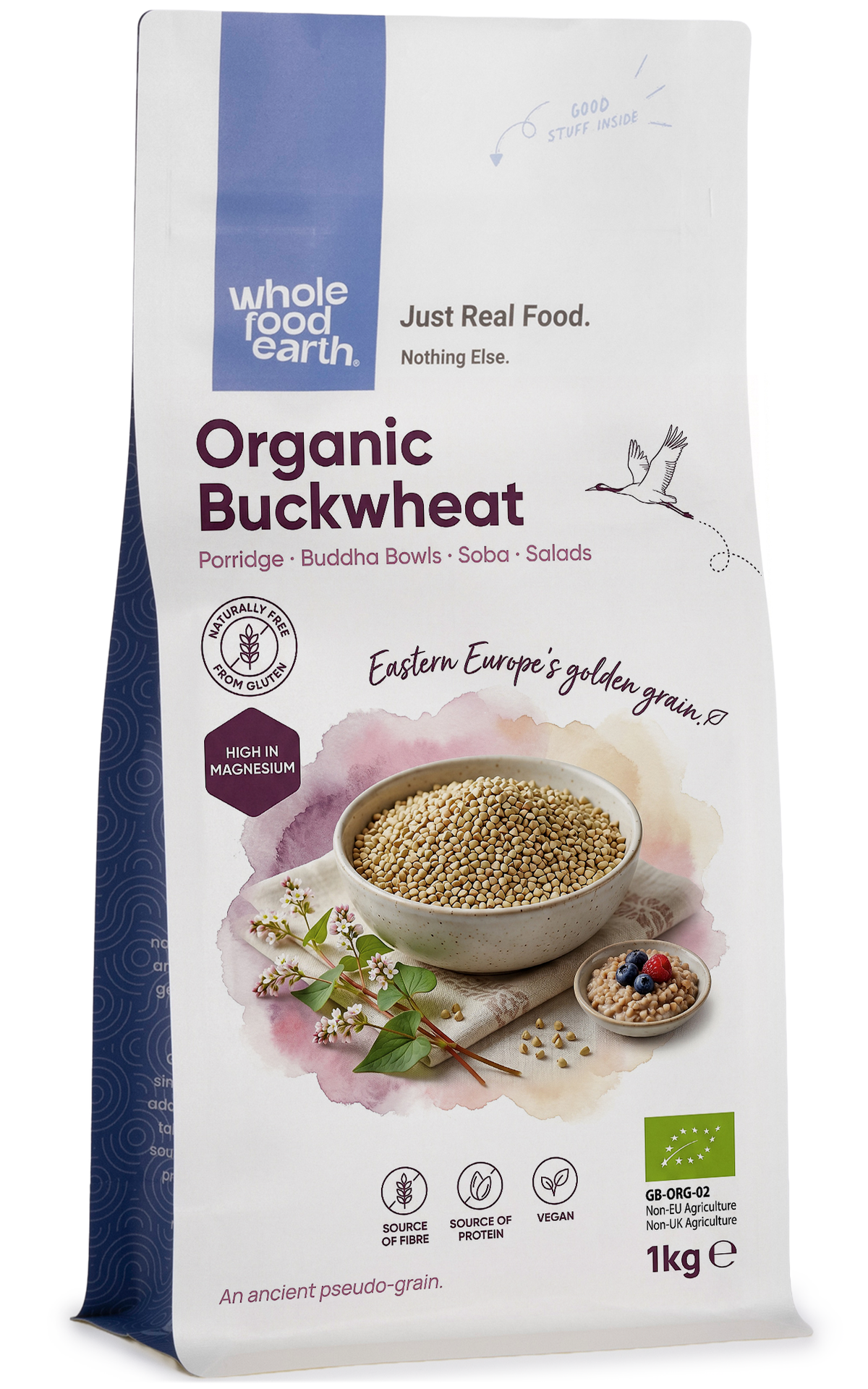 Organic Buckwheat grains from Whole Food Earth, displayed in a clear bowl on a wooden surface.