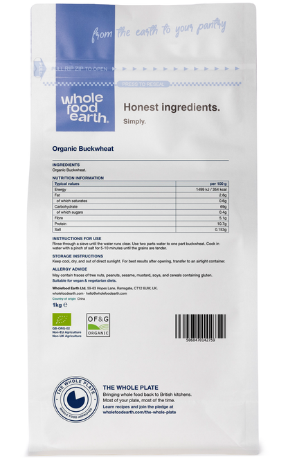 Organic Buckwheat grains from Whole Food Earth, displayed in a clear container, highlighting the natural, raw appearance of the flour and grains.