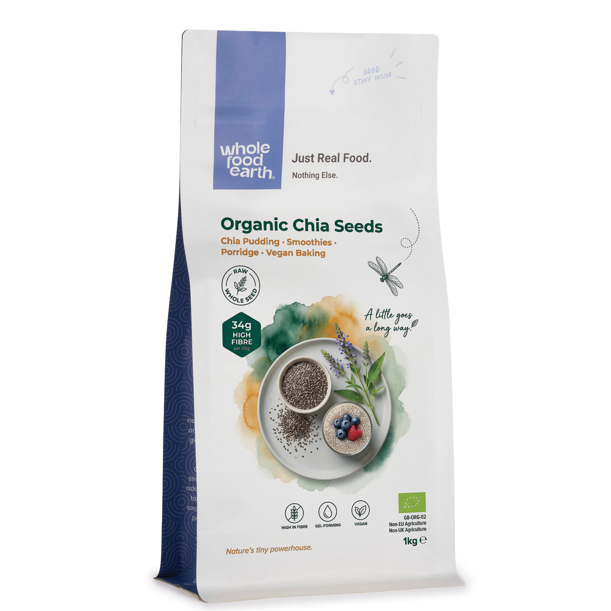 Organic chia seeds from Whole Food Earth in various sizes, shown in a clear container with chia seeds spilling out.