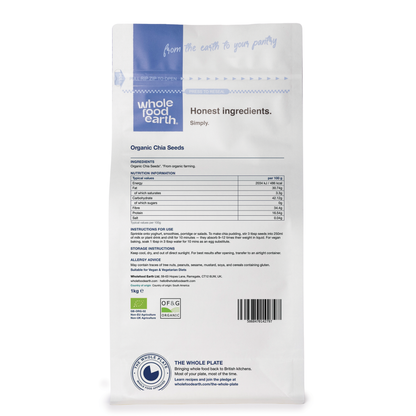 Whole Food Earth organic chia seeds in various sizes, shown in a resealable bag, highlighting the healthy nuts and seeds product.