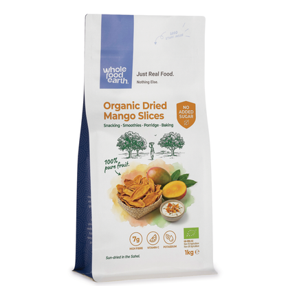 Organic dried mango slices from Whole Food Earth, showing vibrant orange dried fruit pieces arranged on a white background.