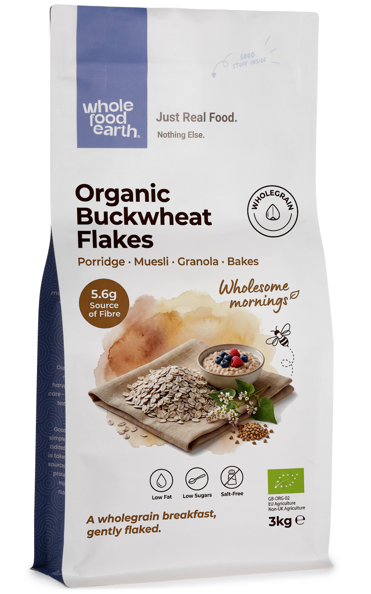 Organic buckwheat flakes cereal from Whole Food Earth, showing a bowl of toasted buckwheat flakes on a white background.