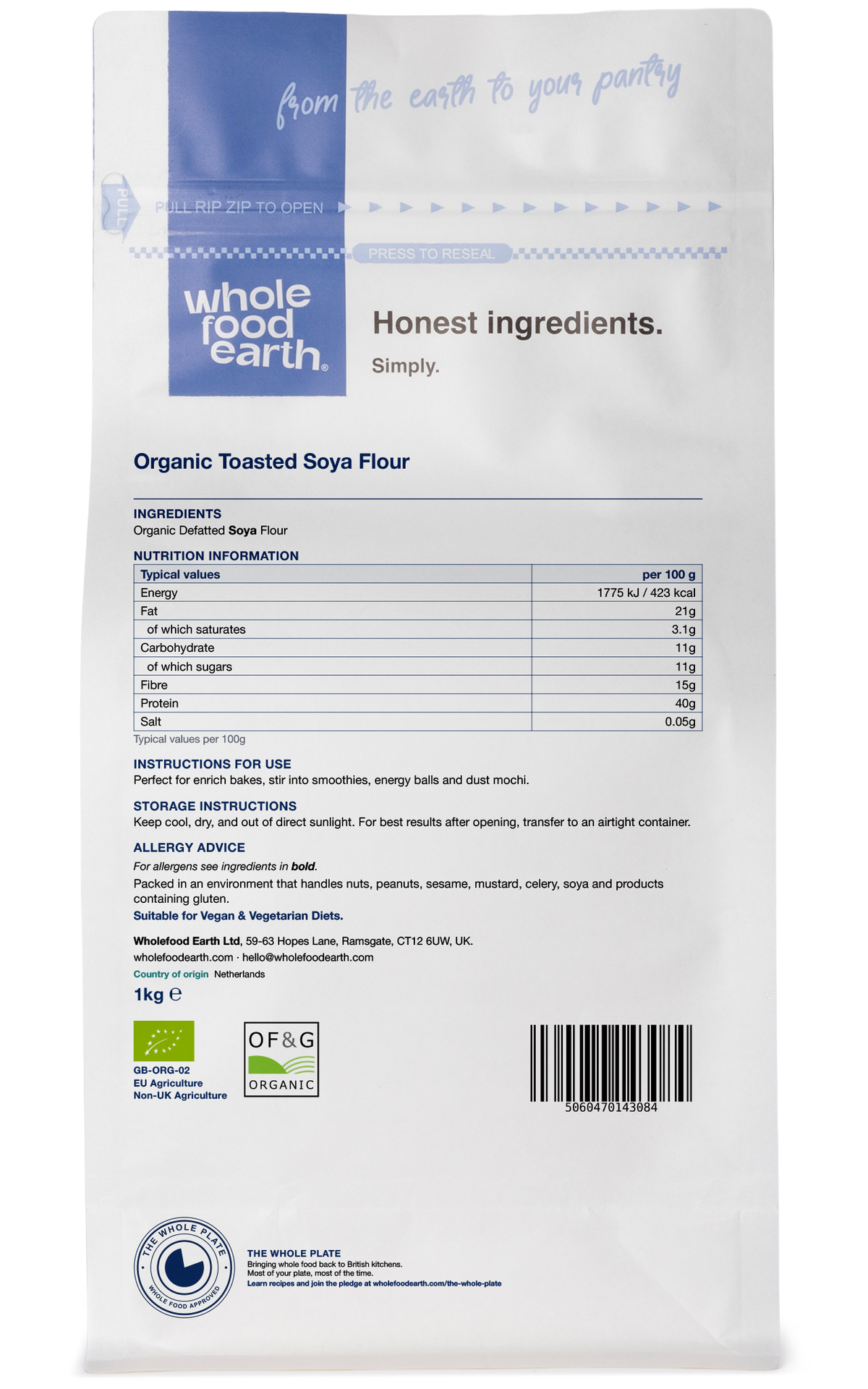 Organic toasted soya flour from Whole Food Earth, showing a bag of gluten-rich, roasted soy-based flour in a natural setting.