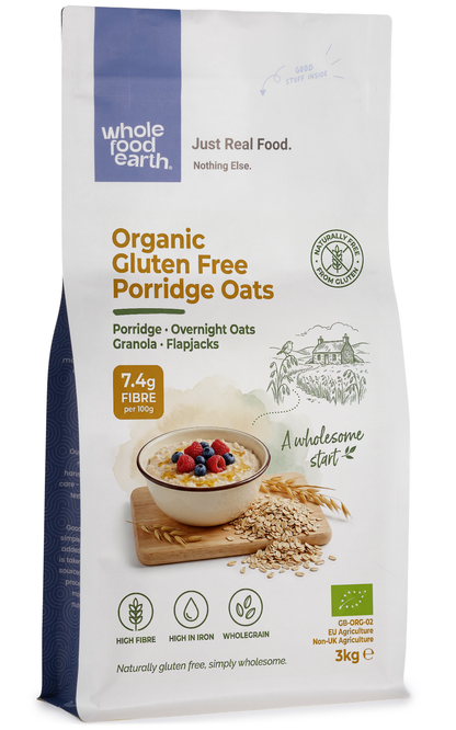 Organic gluten-free porridge oats cereal from Whole Food Earth in a 3D packaging image.