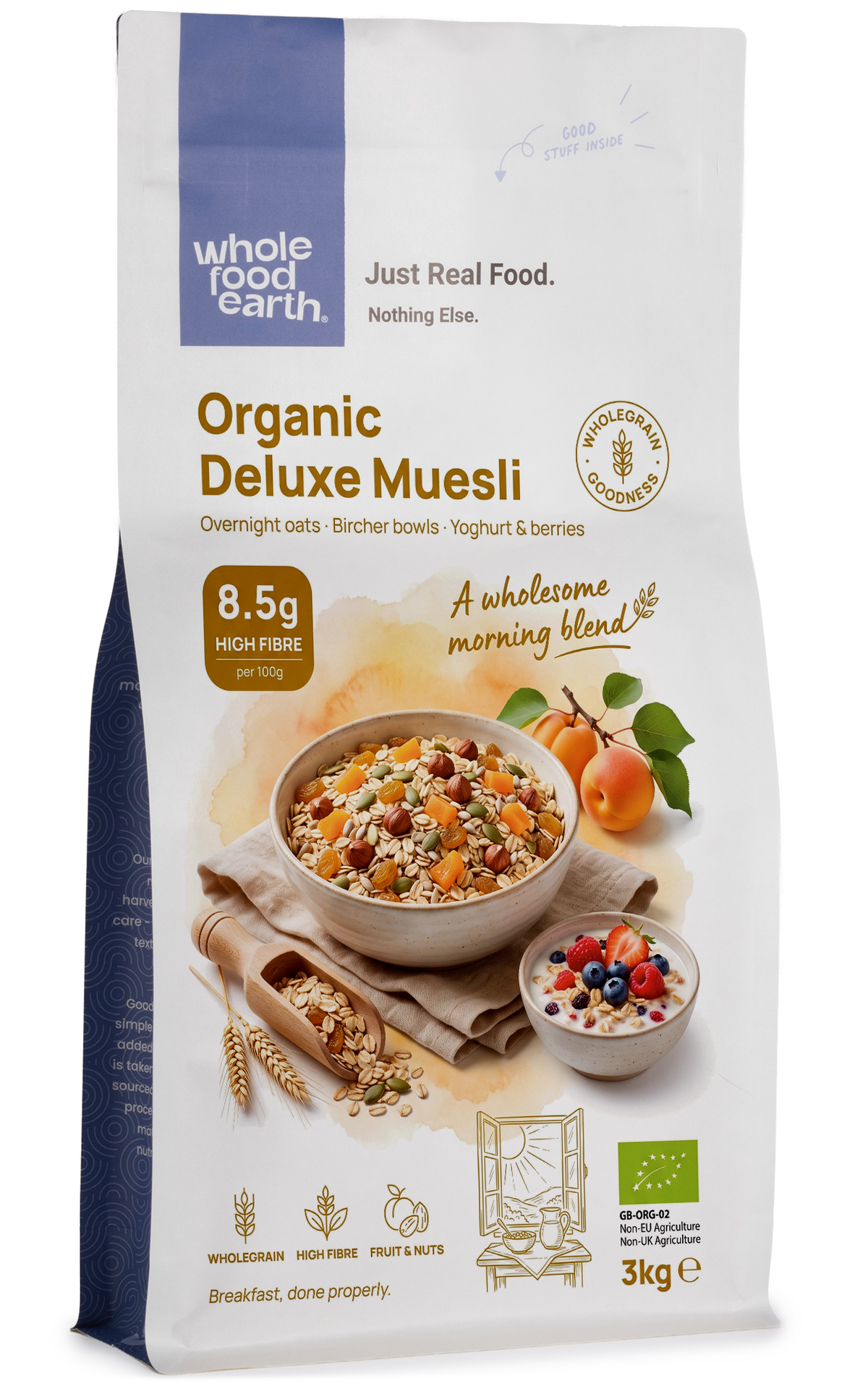 Organic Deluxe Muesli cereal from Whole Food Earth with flakes, nuts, seeds, and dried fruit in a colorful bowl.