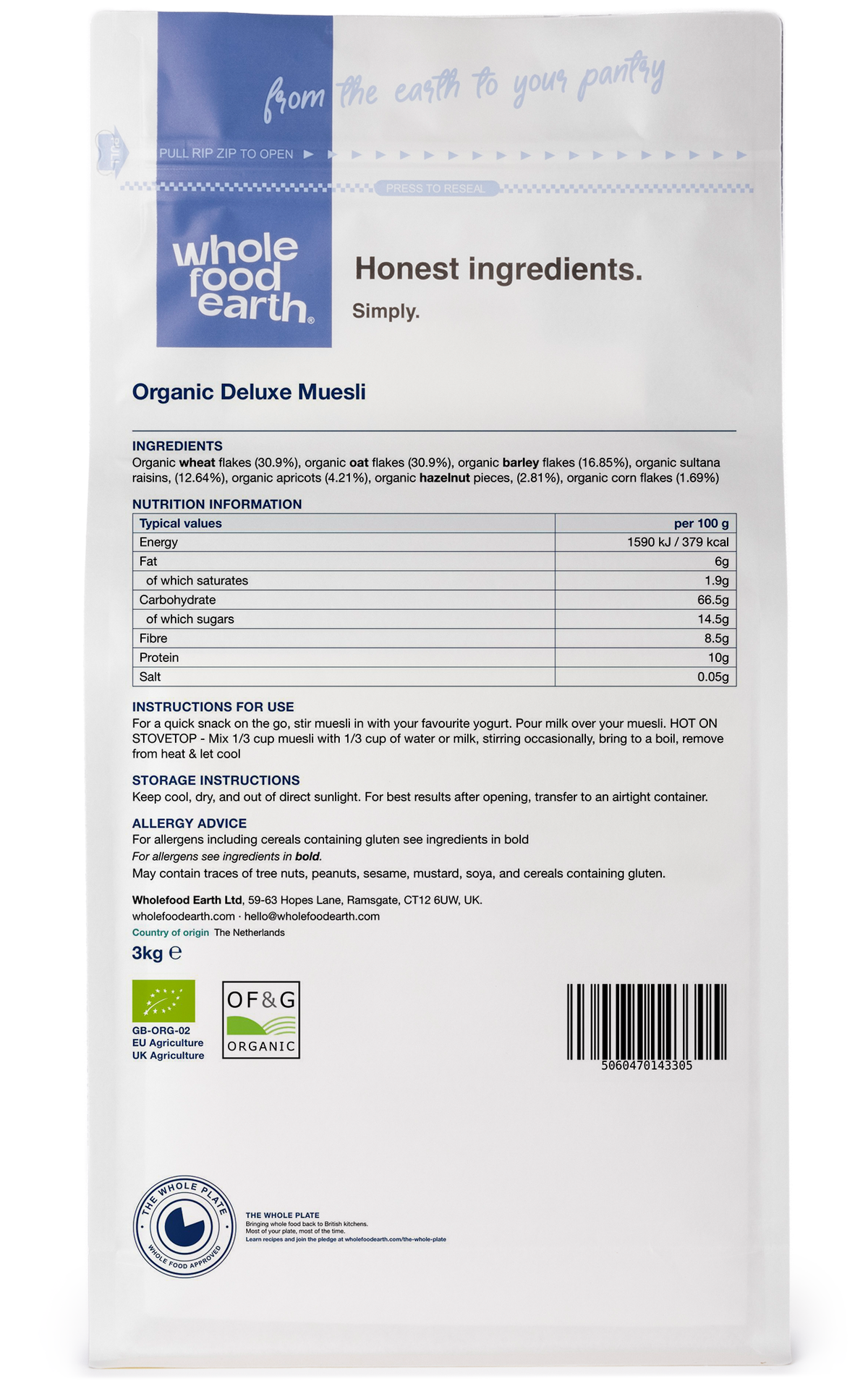 Whole Food Earth Organic Deluxe Muesli cereal with flakes, nuts, seeds, and dried fruit in a 3D back view image.