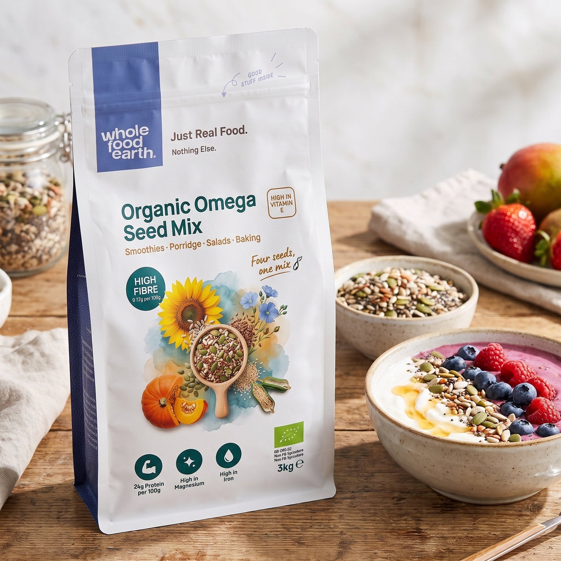 Organic Omega seed mix from Whole Food Earth featuring a colorful blend of nutritious nuts and seeds in a resealable bag.