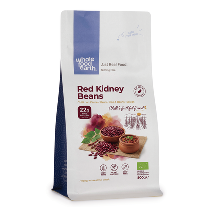 Organic red kidney beans from Whole Food Earth, showing vibrant red beans in a bowl. Perfect for salads and hearty dishes.
