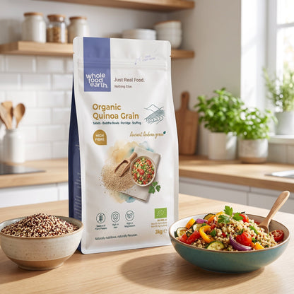 Organic quinoa grains from Whole Food Earth, showing a close-up of light tan, fluffy quinoa in a natural setting.