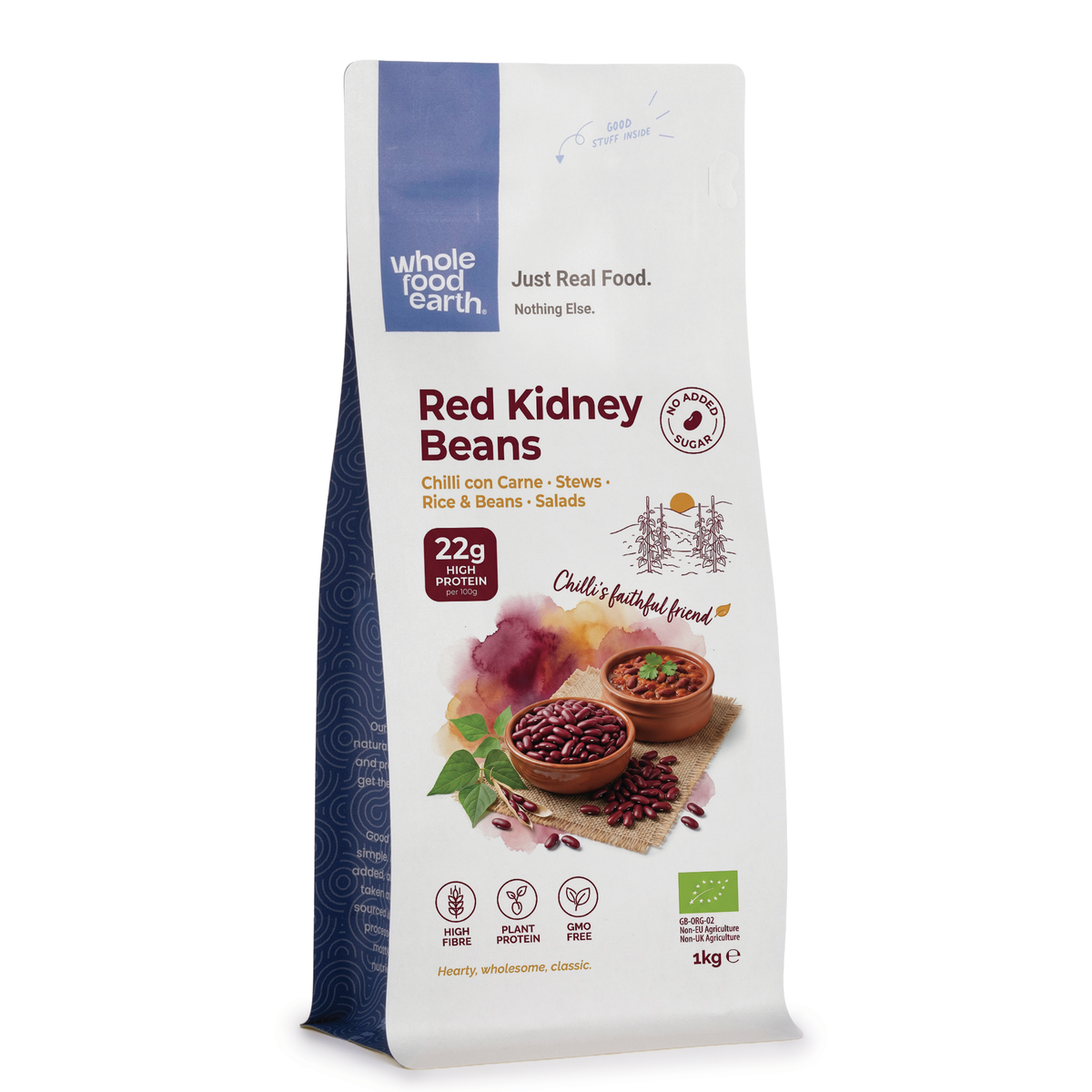 Organic red kidney beans from Whole Food Earth, fresh and raw in a clear bowl, showcasing vibrant red color and smooth texture.