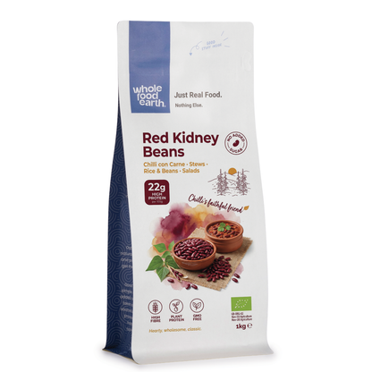 Organic red kidney beans from Whole Food Earth, fresh and raw in a clear bowl, showcasing vibrant red color and smooth texture.