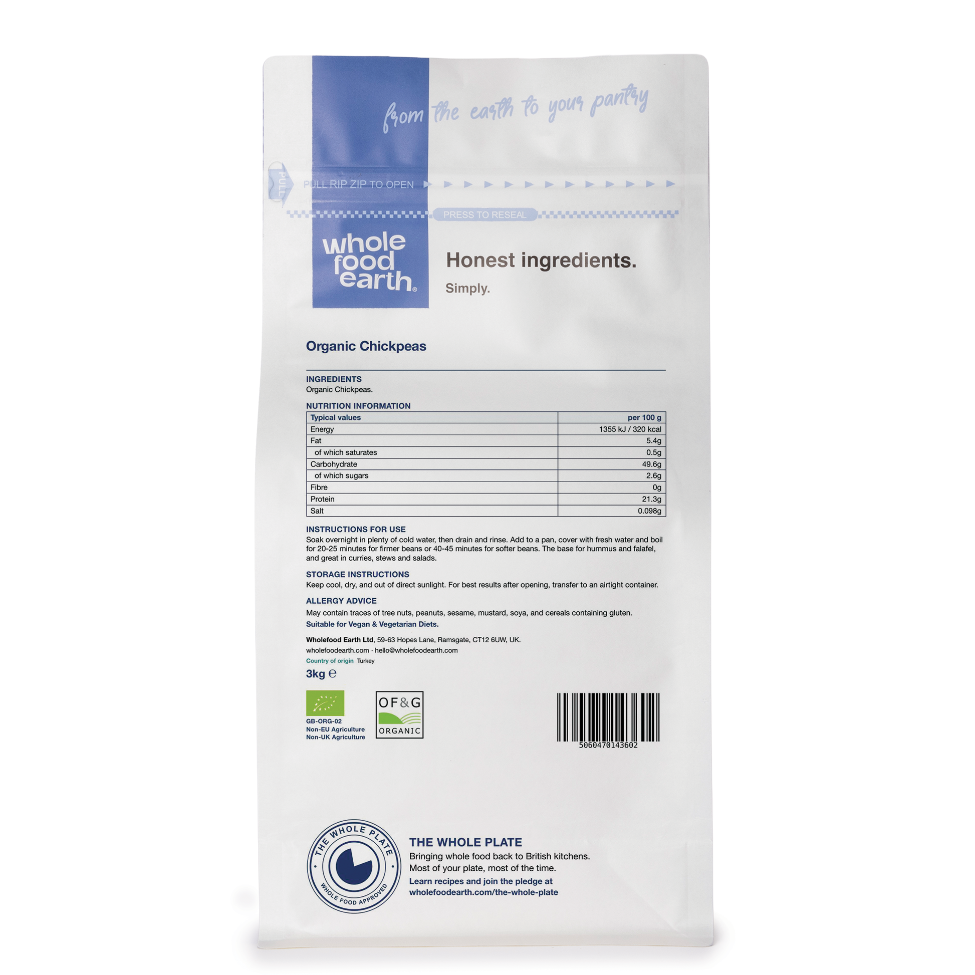 Back view of Whole Food Earth organic chickpeas in a clear jar, showcasing their round, beige legumes in a nuts and seeds product image.