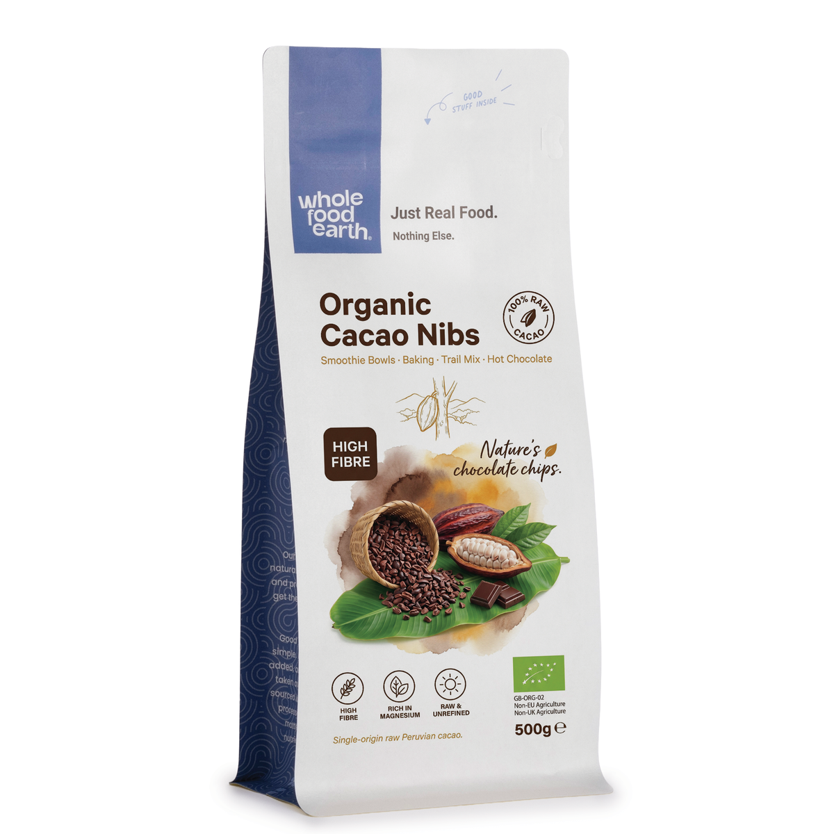 Organic cacao nibs from Whole Food Earth, specialty raw cacao pieces with a rich, natural chocolate flavor, shown in a 3D image.
