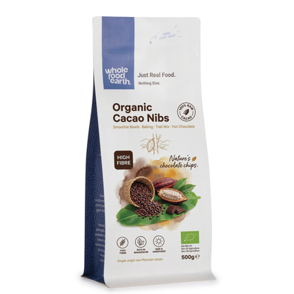 Organic cacao nibs from Whole Food Earth, specialty raw cacao pieces with a rich, natural chocolate flavor, shown in a 3D image.
