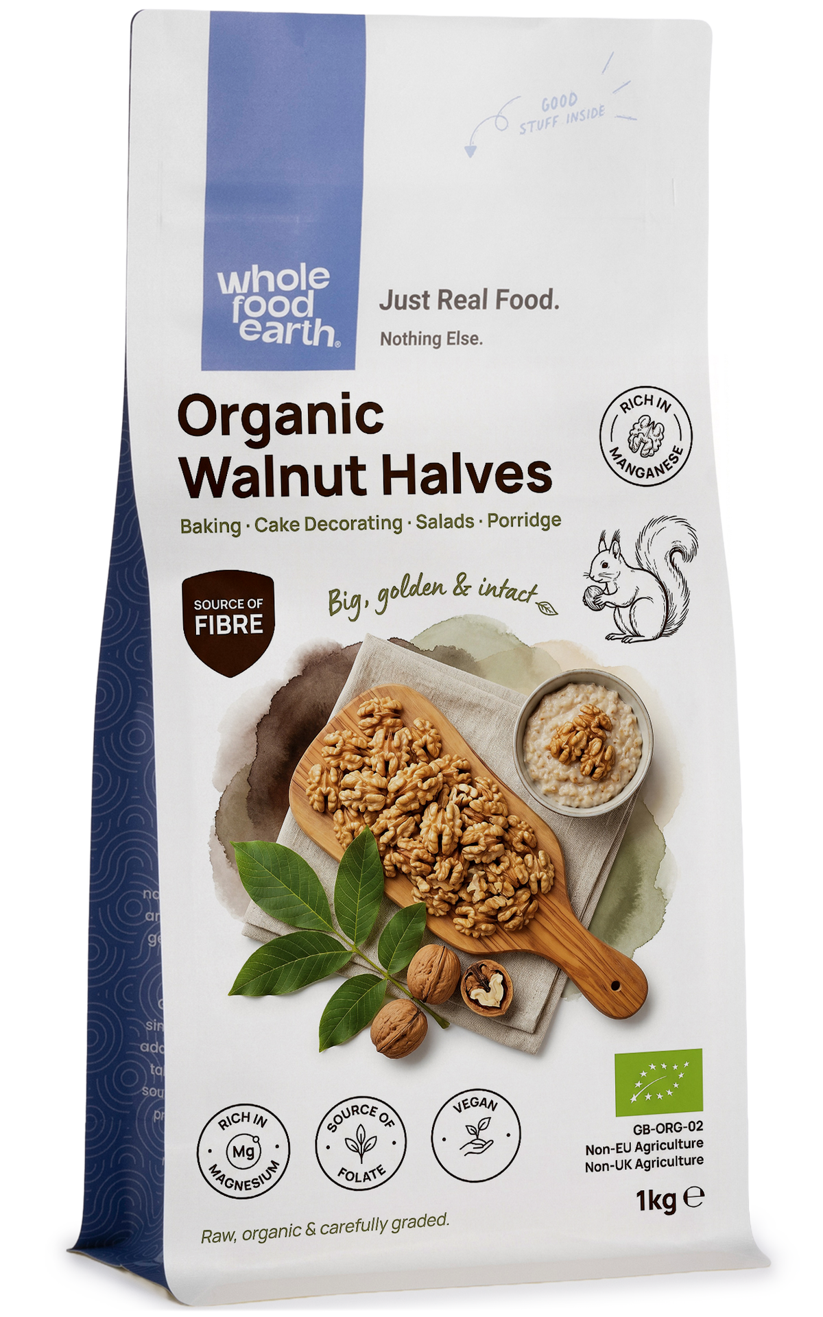 Raw organic walnut halves from Whole Food Earth, showing the light brown, textured nut pieces on a neutral background.
