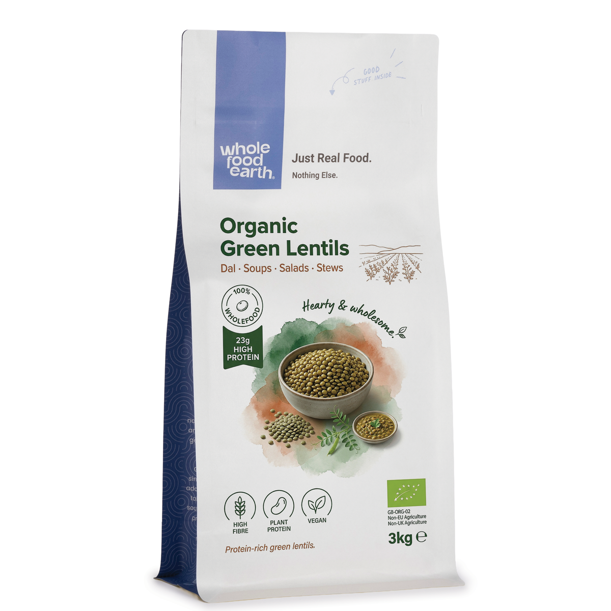 Organic green lentils from Whole Food Earth, a close-up of dried beans in a clear bowl, highlighting their smooth, green appearance.