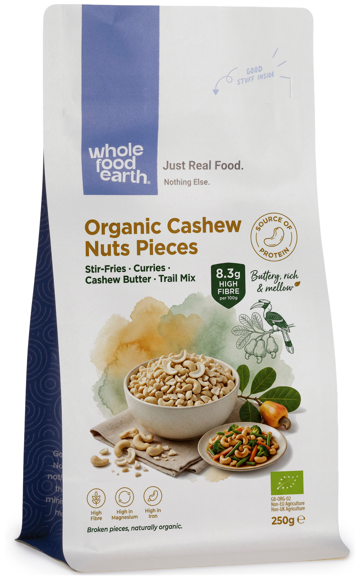 Organic cashew nut pieces from Whole Food Earth, showing crunchy, light-colored nuts in a close-up view.