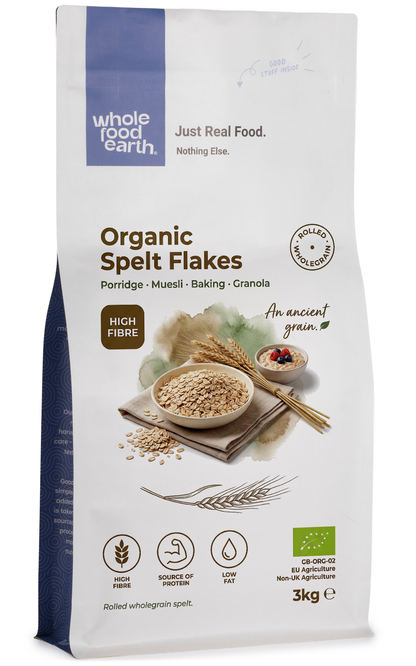Organic spelt flakes cereal in a bowl, Whole Food Earth brand, with a close-up of the crunchy, toasted spelt grains.