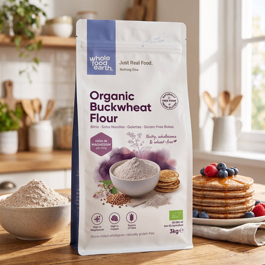 Organic buckwheat flour from Whole Food Earth, showing a bag of Serious Grains buckwheat flour with a natural, rustic background.