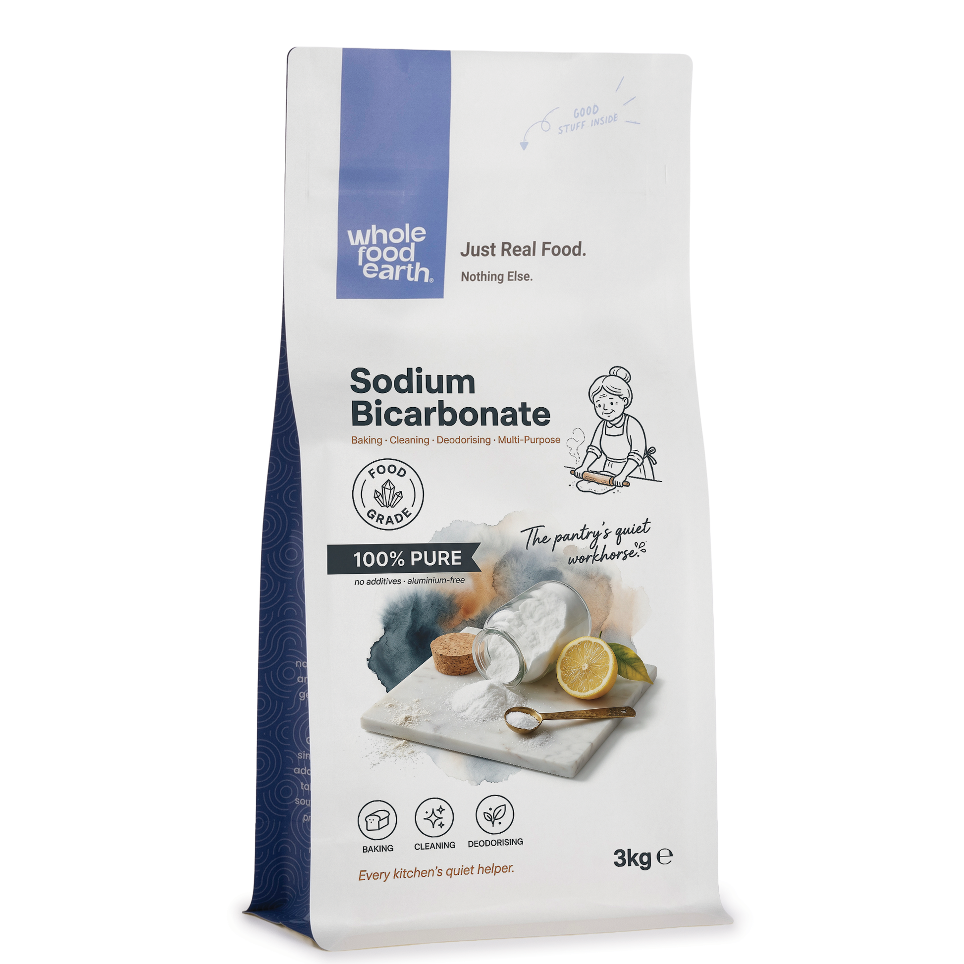 White sodium bicarbonate powder in a clear container, natural mineral salt from Whole Food Earth, used for baking and cleaning.