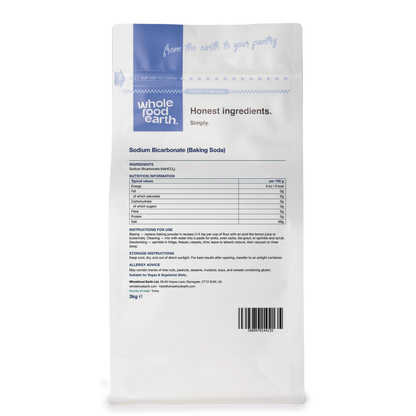 Whole Food Earth Sodium Bicarbonate baking soda in a clear bag, showing the mineral salt product used for baking and cleaning.