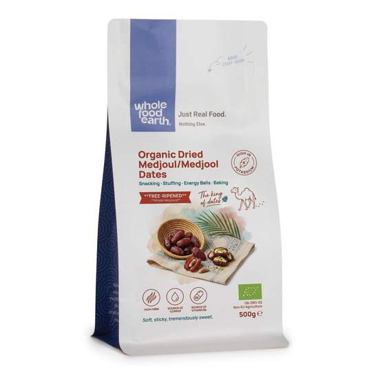 Organic dried Medjoul dates from Whole Food Earth, showcasing plump, glossy Medjool dates in a natural dried fruit presentation.
