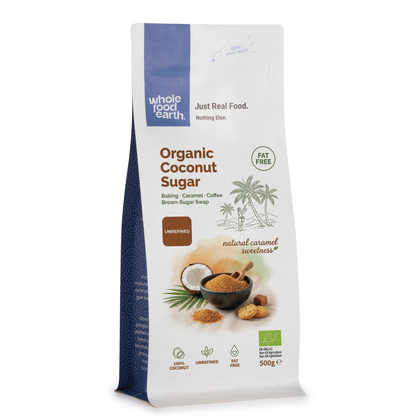 Organic coconut sugar from Whole Food Earth, showing a jar of natural brown coconut sugar crystals on a wooden surface.