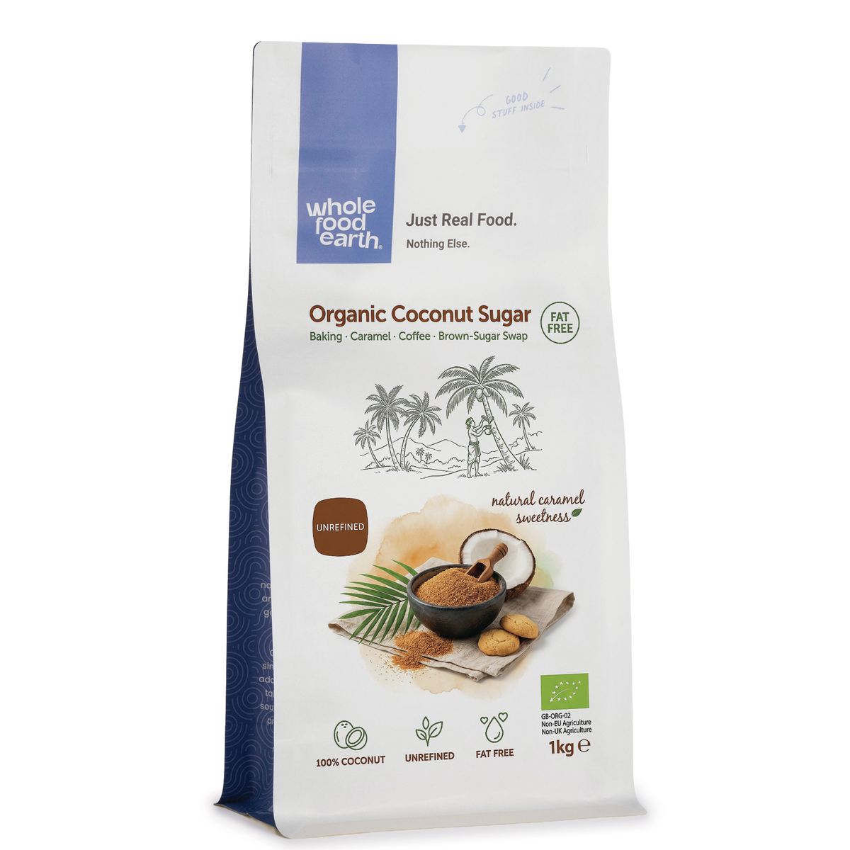 Organic coconut sugar from Whole Food Earth, natural brown sugar in a jar, with a scoop showing its granulated texture.
