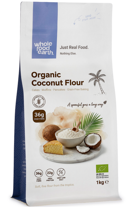 Organic coconut flour from Whole Food Earth, a fine, white gluten-free flour made from dried coconut meat, suitable for baking.