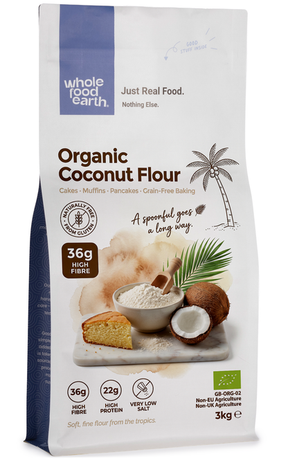 Organic coconut flour from Whole Food Earth, gluten-free and finely ground, displayed in a clear bag with a scoop.