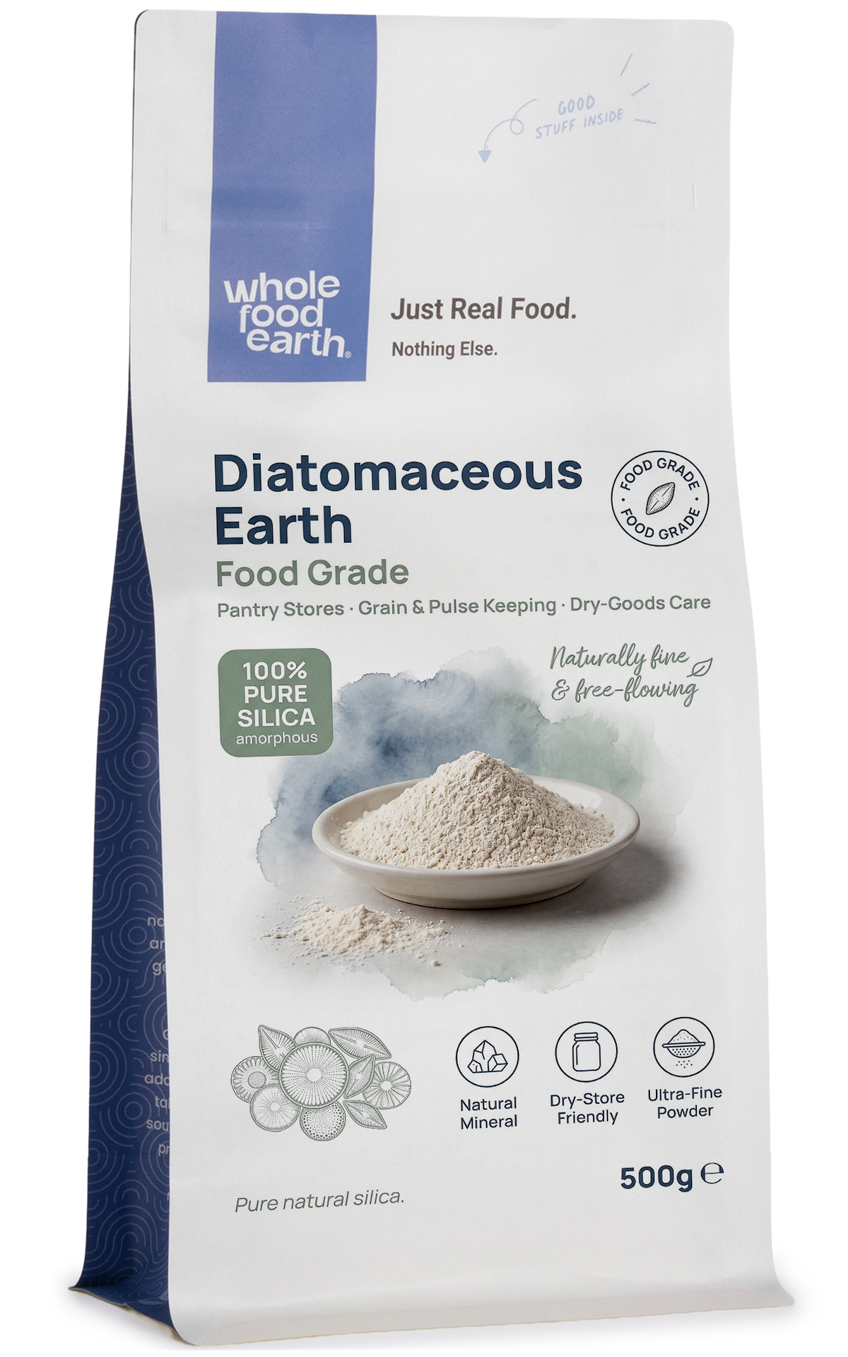 Food grade diatomaceous earth mineral powder from Whole Food Earth, fine white natural powder for health and pest control.