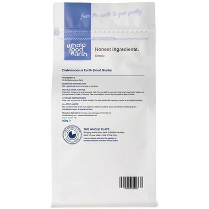 Food grade diatomaceous earth mineral from Whole Food Earth, showing a bag of natural, white powder for health and pest control.
