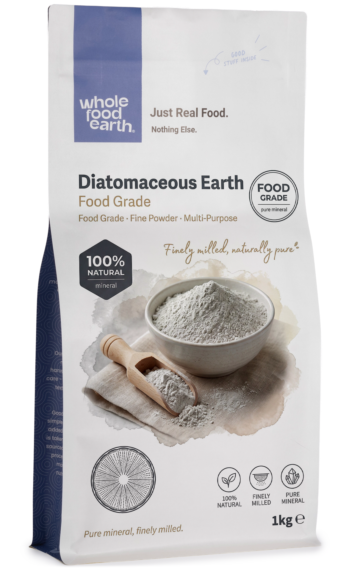 Food grade diatomaceous earth mineral from Whole Food Earth, showing fine white powder in a clear container.