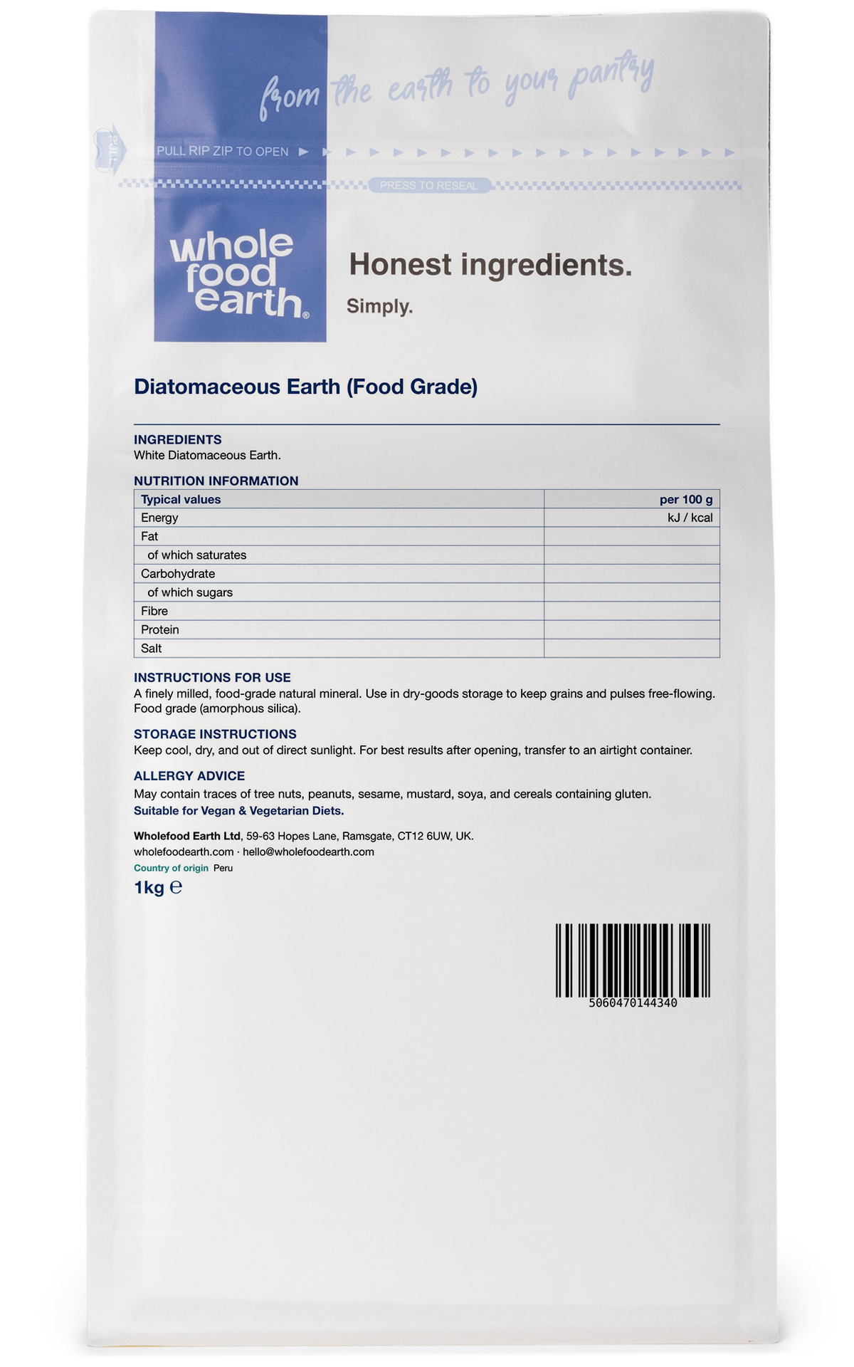 Whole Food Earth food grade diatomaceous earth mineral powder in a 3D back view showing the fine, white, porous powder texture.