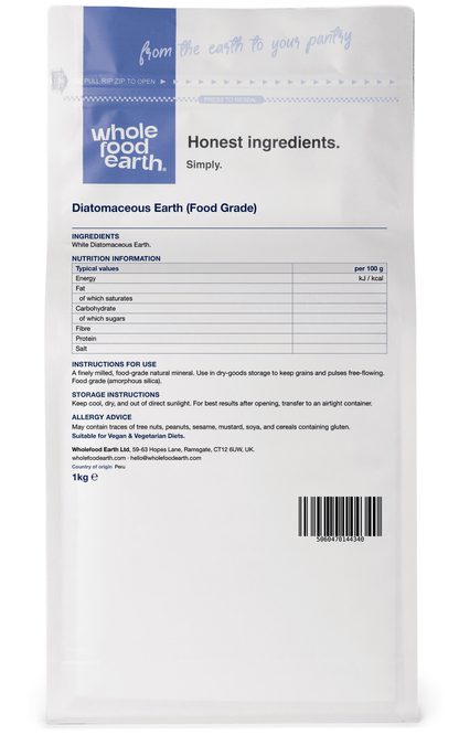 Whole Food Earth food grade diatomaceous earth mineral powder in a 3D back view showing the fine, white, porous powder texture.