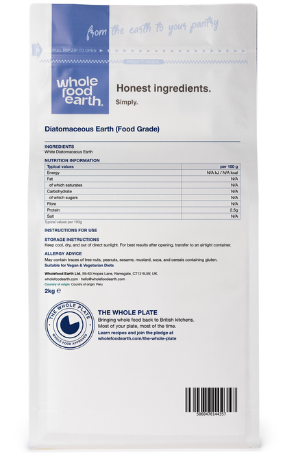 Food grade Diatomaceous Earth mineral from Whole Food Earth, showing fine white powder in a 3D back view.