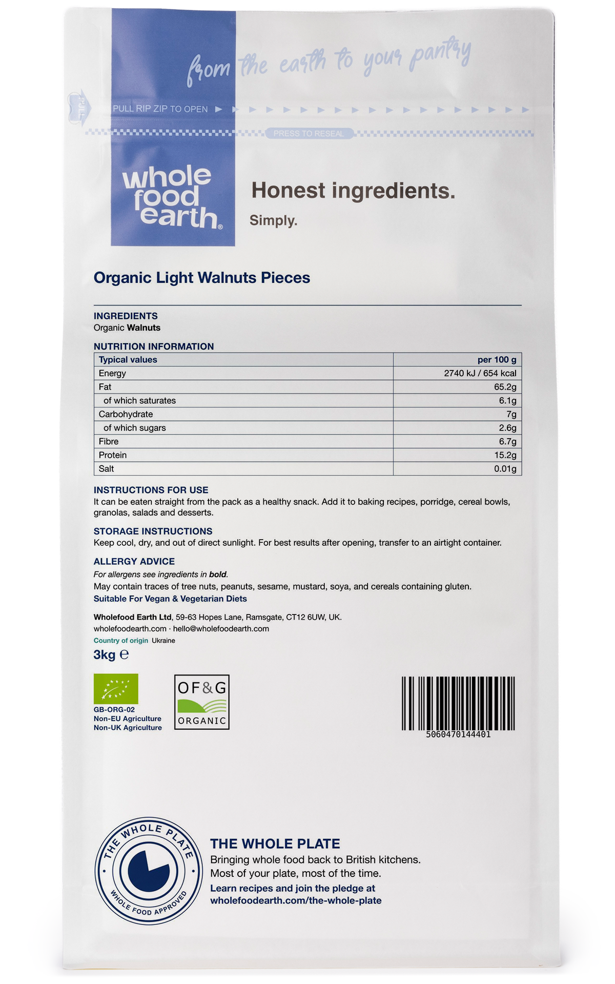 Whole Food Earth organic walnut pieces in a resealable bag, showcasing natural light-colored nut chunks for healthy snacking.