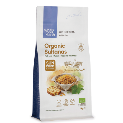 Organic Sultanas dried fruit from Whole Food Earth, close-up image showing plump, golden raisins ready for snacking or baking.