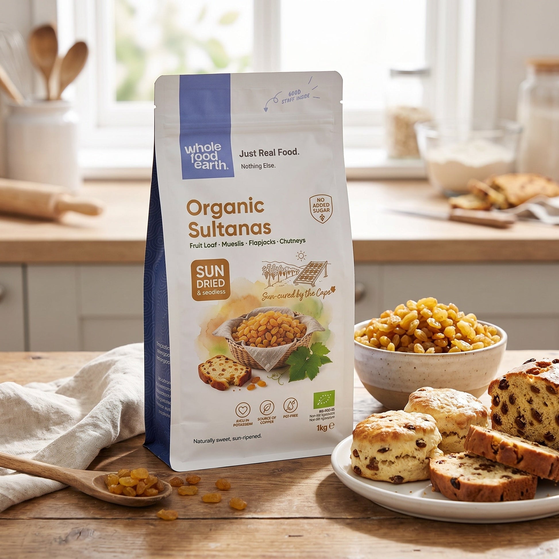Organic sultanas from Whole Food Earth, dried fruit with plump, golden raisins in a clear container