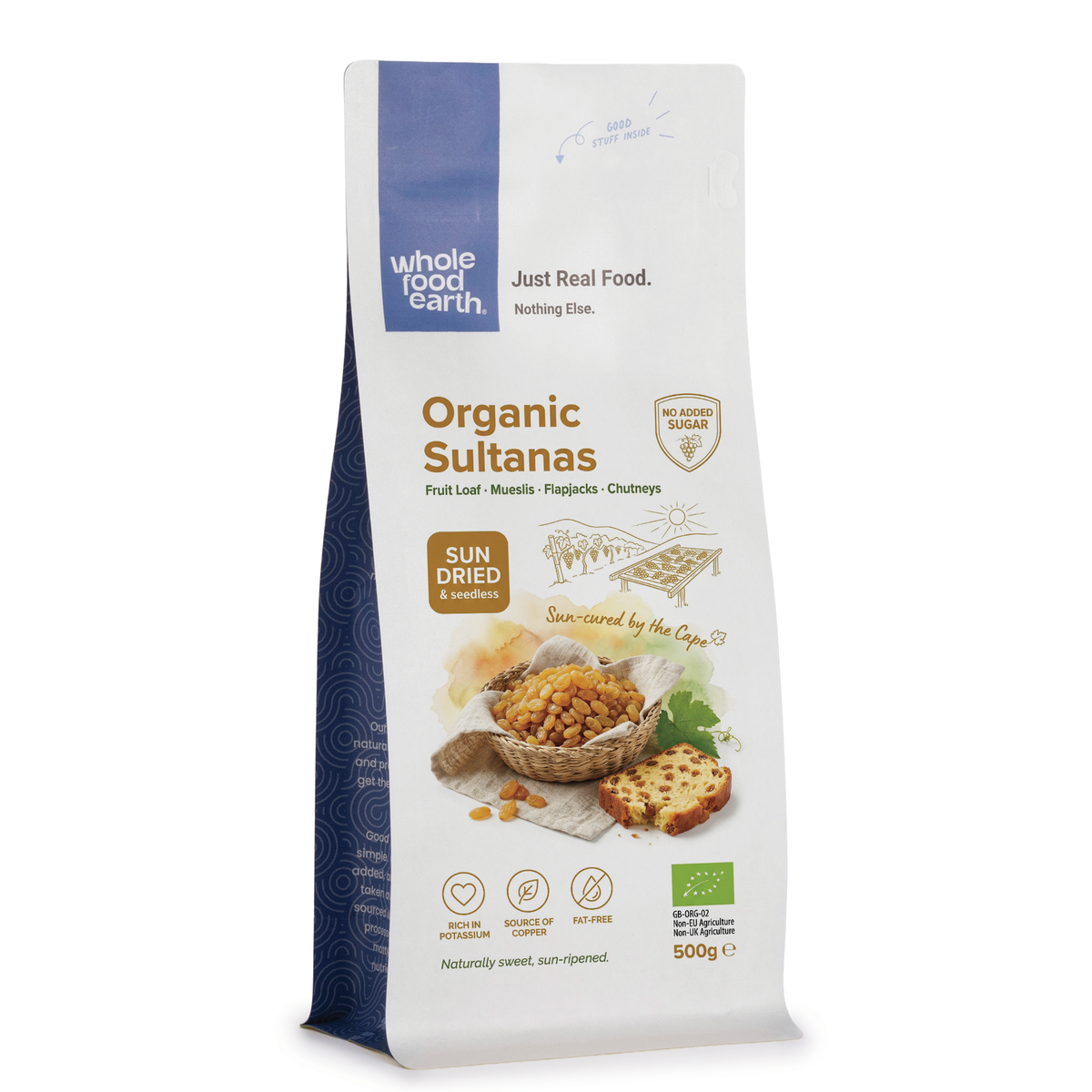 Organic sultanas dried fruit by Whole Food Earth, close-up view showing plump, golden dried sultanas on a white background.